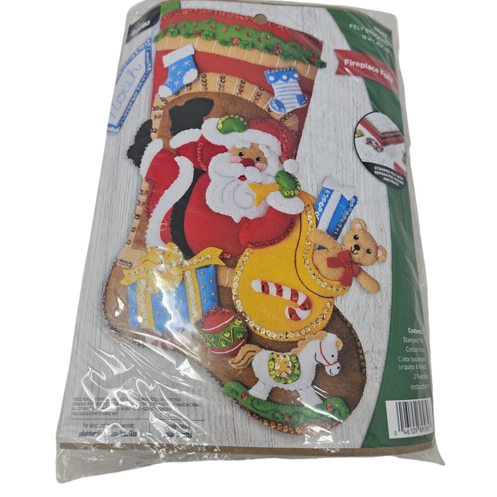 NEW Bucilla Christmas Stocking Kit 3D Fireplace Folly Felt Kit Santa Claus